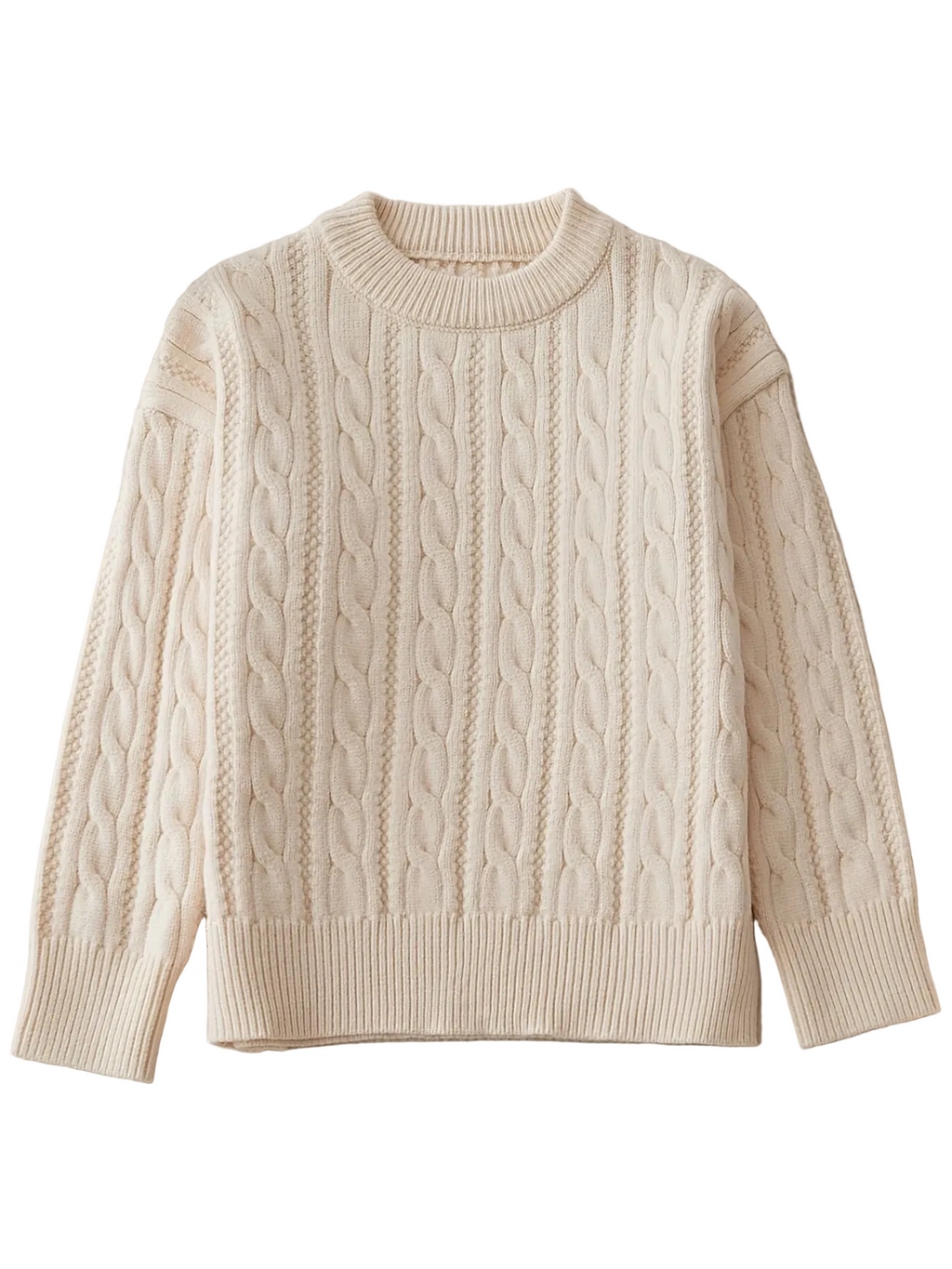 Beige cable knit sweater on a white background