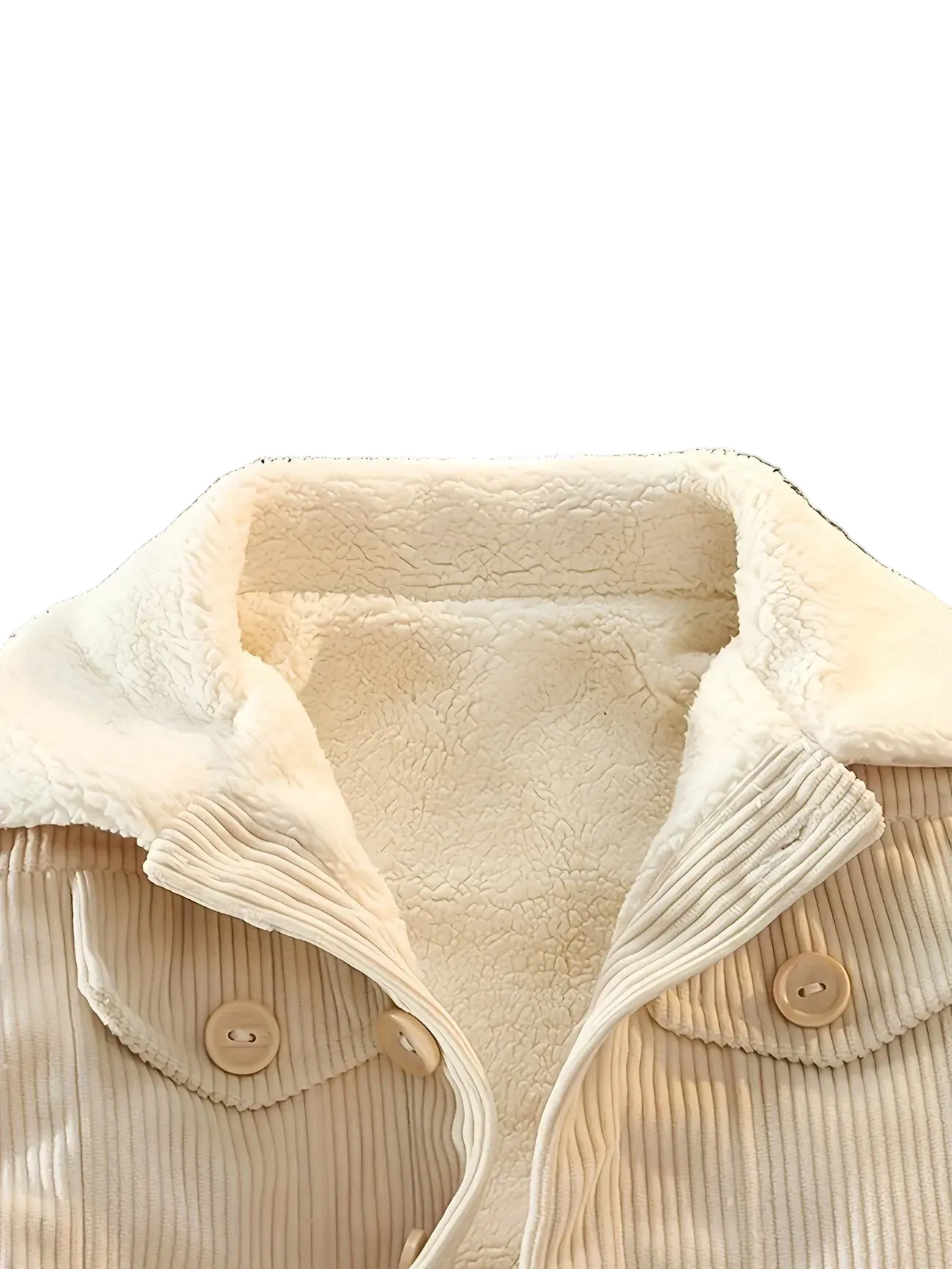 Close-up of a beige corduroy jacket with a soft texture on a white background
