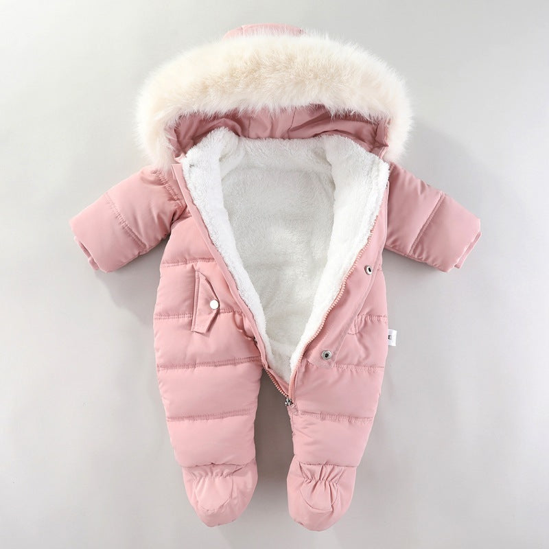 Baby Winter Puffer Snowsuit with Faux Fur Hood - Warm Padded Jumpsuit